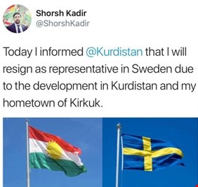 بسبب رفع العلم العراقي في اجواء كركوك، ممثل حكومة الإقليم في السويد يقدم استقالته !!