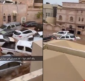 سيول ضخمة تجرف عشرات السيارات والسلطات تستخدم القوارب للإنقاذ بالسعودية