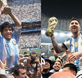 بكلمات مؤثرة.. ميسي يهدي كأس العالم إلى مارادونا